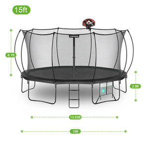 Trampoline with safety net and basketball hoop, showing dimensions on a white background