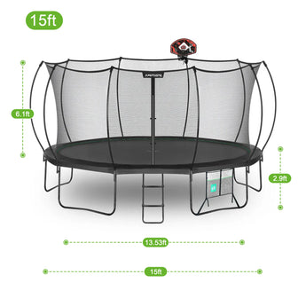Trampoline with safety net and basketball hoop, showing dimensions on a white background
