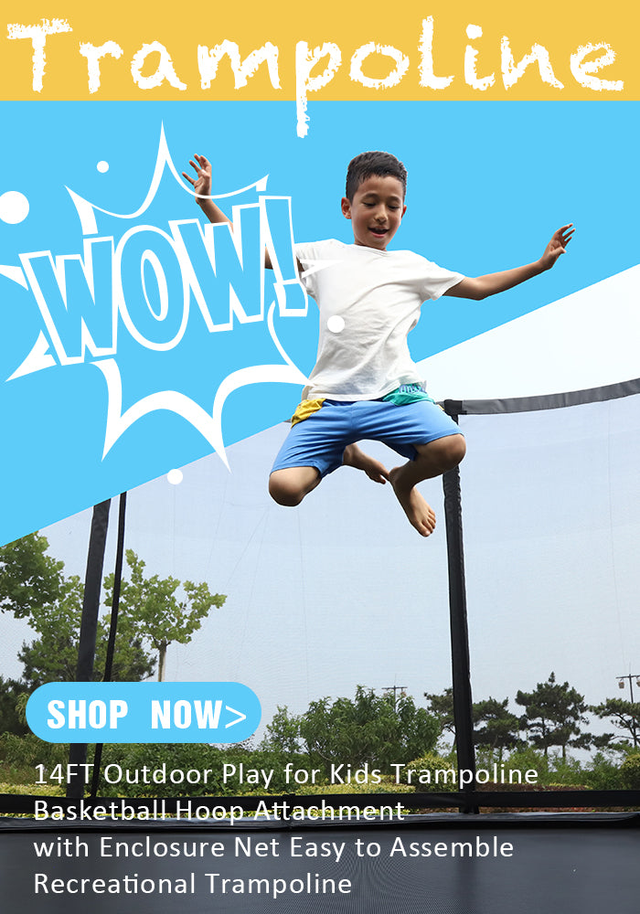 14FT Outdoor Play for Kids Trampoline Basketball Hoop Attachment with Enclosure Net Easy to Assemble Recreational Trampoline