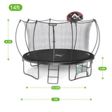 Trampoline with safety net and basketball hoop, featuring dimensions on a white background.