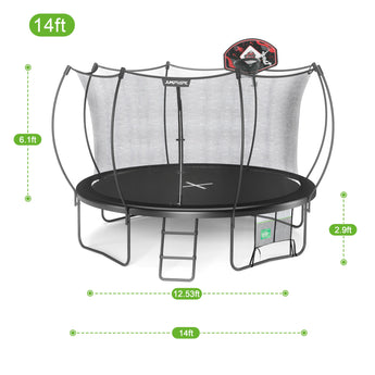 Trampoline with safety net and basketball hoop, featuring dimensions on a white background.
