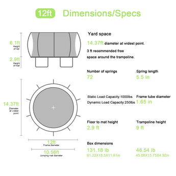 12ft trampoline dimensions and specifications chart on a white background