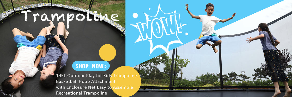 14FT Outdoor Play for Kids Trampoline Basketball Hoop Attachment with Enclosure Net Easy to Assemble Recreational Trampoline