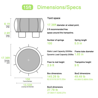 Technical specifications and dimensions of a 15ft trampoline on a white background