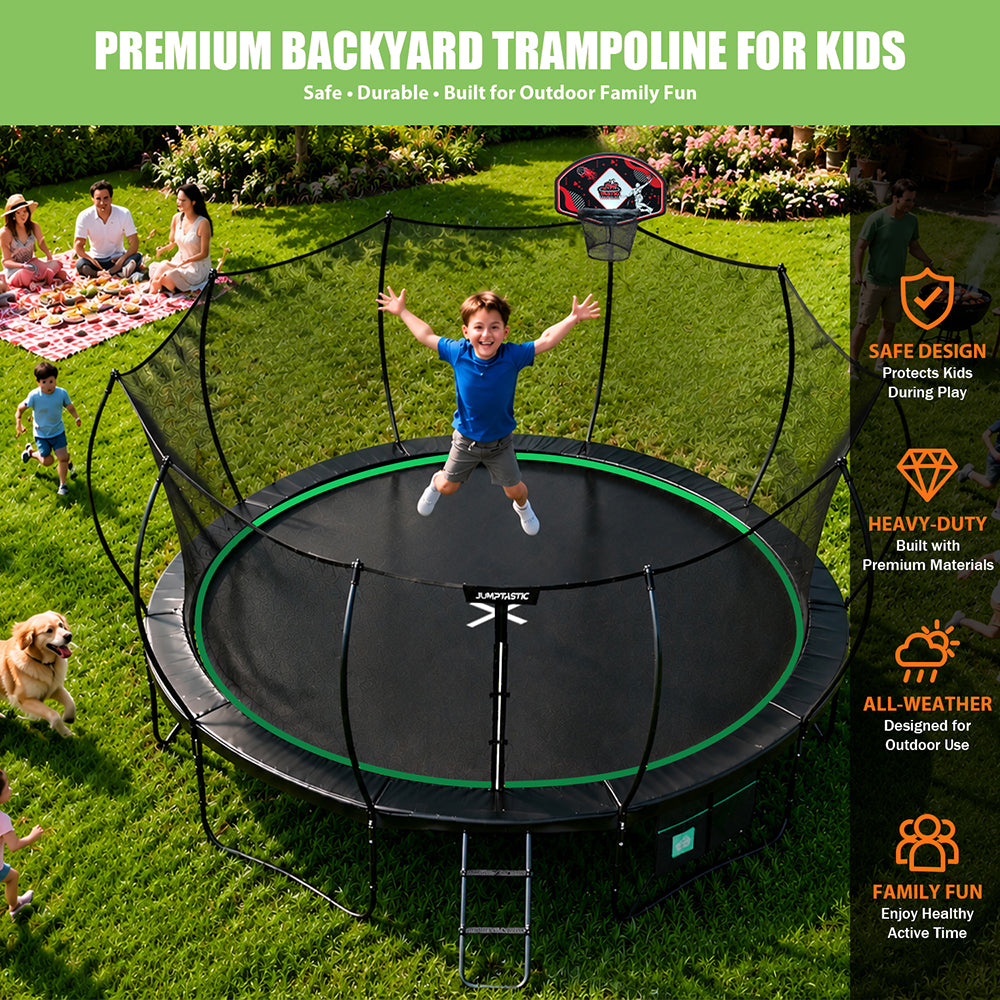 Jumptastic 15 FT Trampoline with Enclosure & Basketball Hoop