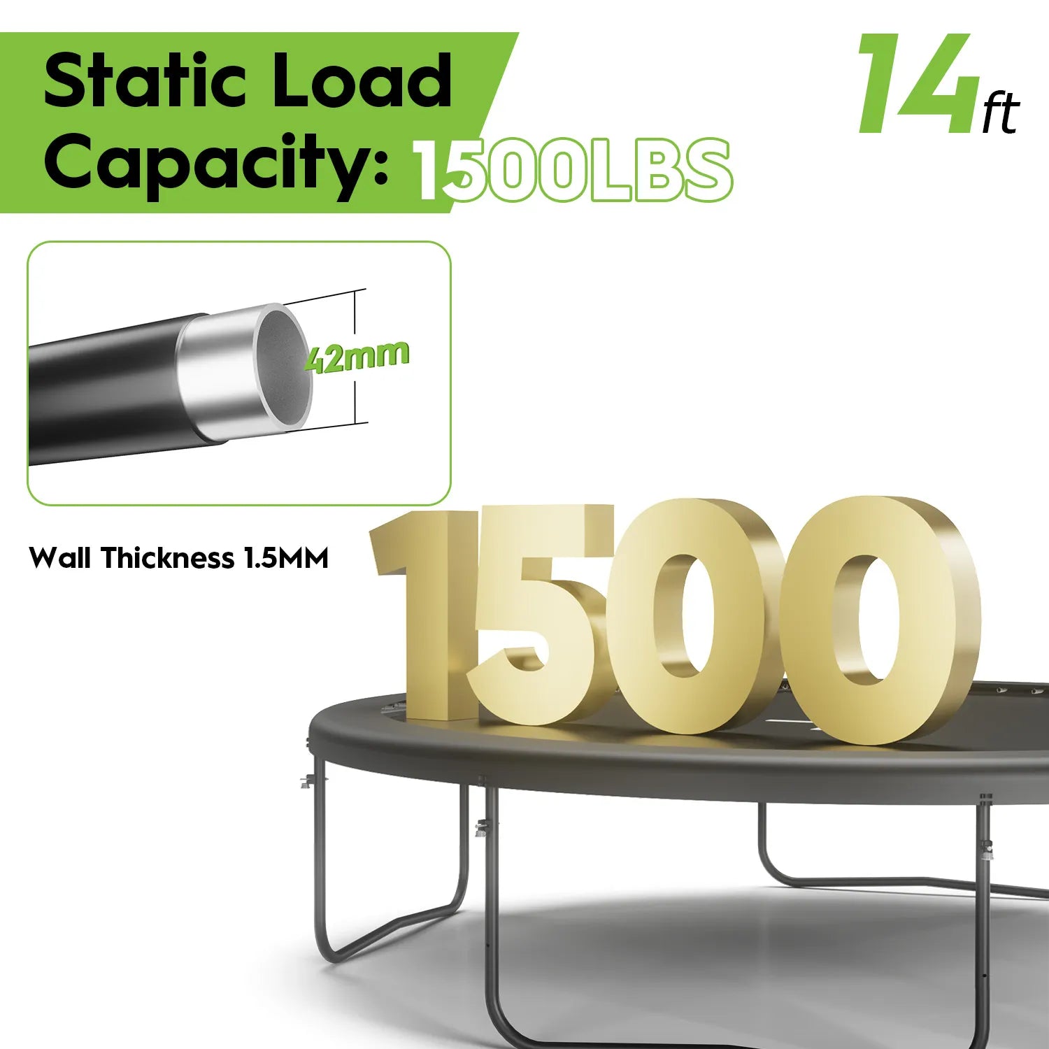 Trampoline with static load capacity of 1500 lbs and wall thickness of 1.5 mm.
