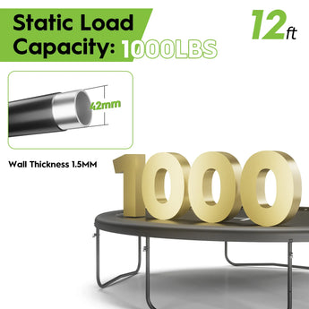Trampoline with '1000' on it, static load capacity 1000LBS, wall thickness 1.5MM, and 12ft length.